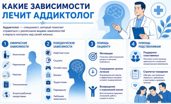 Какие зависимости лечит аддиктолог инфографика